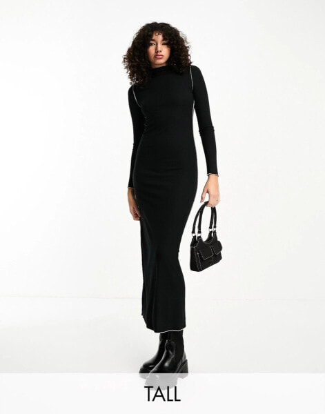 Vero Moda Tall lettuce edge jersey maxi dress with long sleeves in black