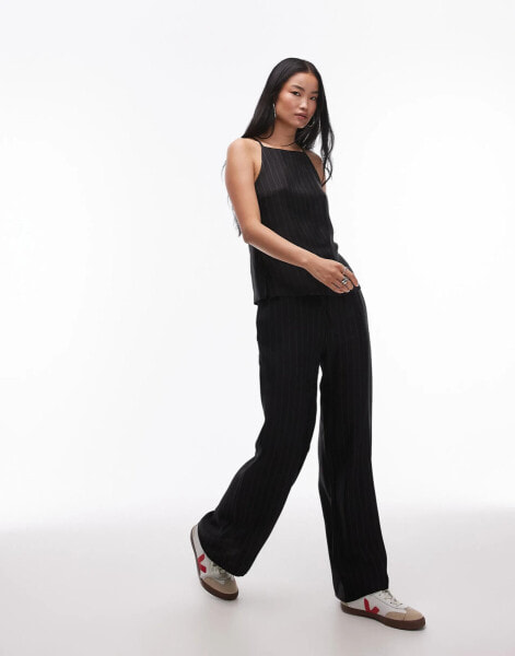 Topshop pinstripe drawcord satin trouser in black