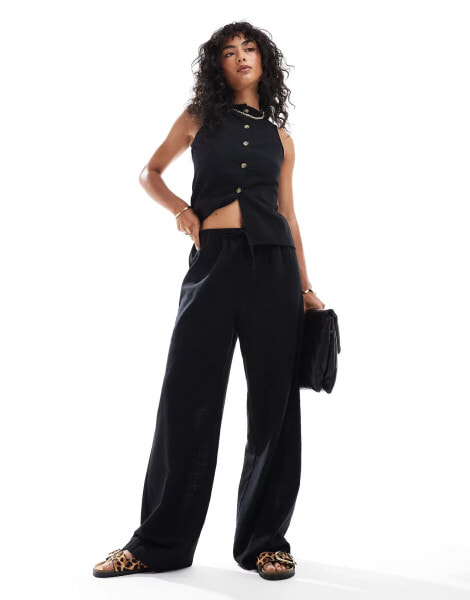 ASOS DESIGN linen look wide leg trouser in black co ord