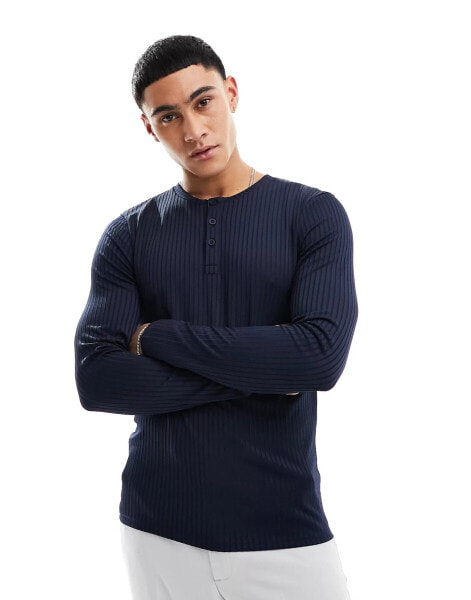 ASOS DESIGN rib henley long sleeved t-shirt in navy