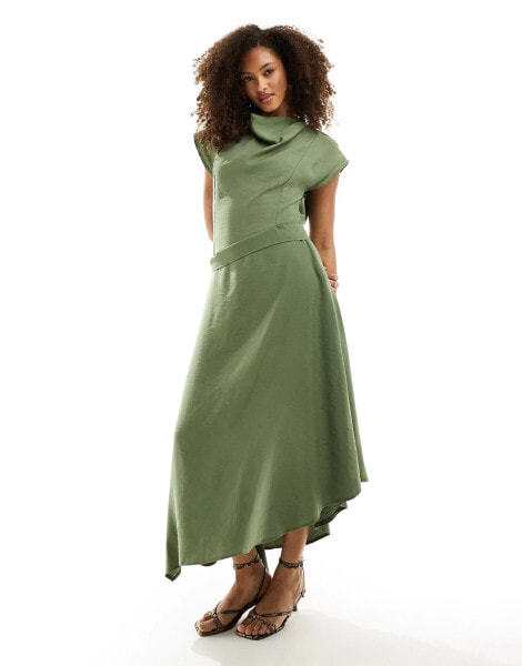 ASOS DESIGN high neck asym hem midi dress in khaki