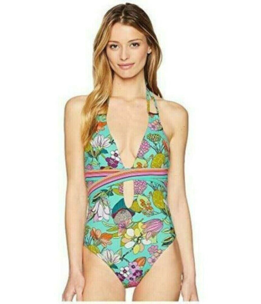 Trina Turk Women's 187534 Aqua Botanical Plunge One Piece Swimsuit Size 4