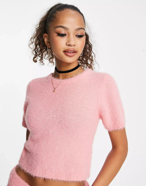 Miss Selfridge lash short sleeve crop top co-ord in pink