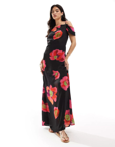 Vero Moda off shoulder maxi slip dress in black and red floral