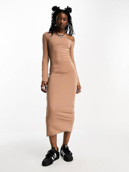 COLLUSION one shoulder long sleeve midi dress in brown