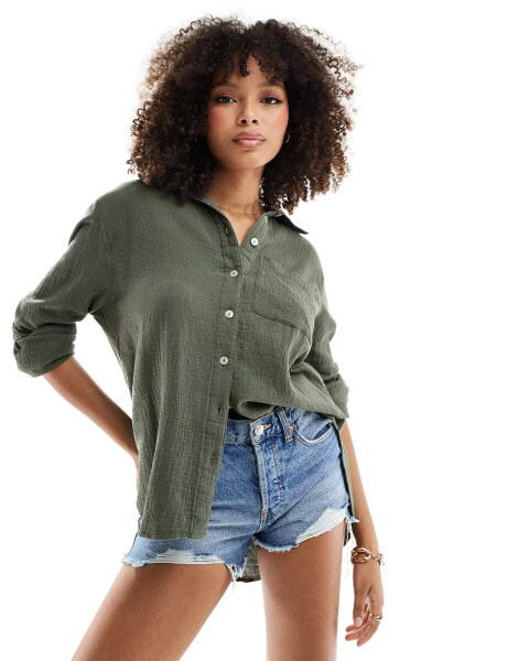 New Look textured long sleeve shirt in khaki