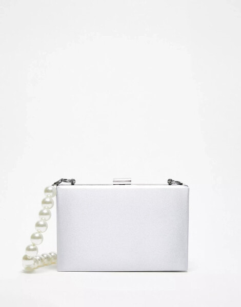 True Decadence structured box clutch bag in silver satin with pearl handle