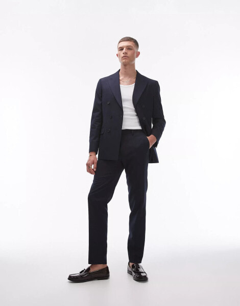 Topman linen blend mix slim suit trouser in navy