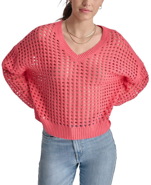 Women's V-Neck Open-Stitch Cotton Sweater