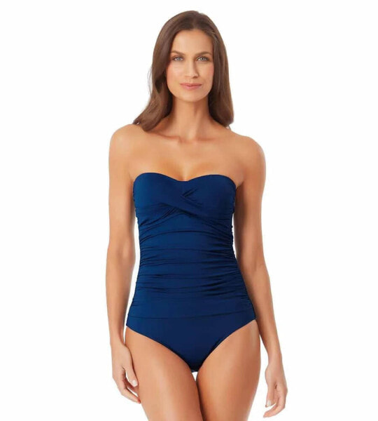 Anne Cole 285228 Women Twist Front Shirred Bandeau One Piece 14 / Blue