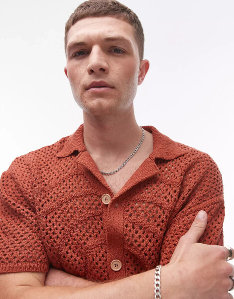 Topman crochet polo shirt in rust