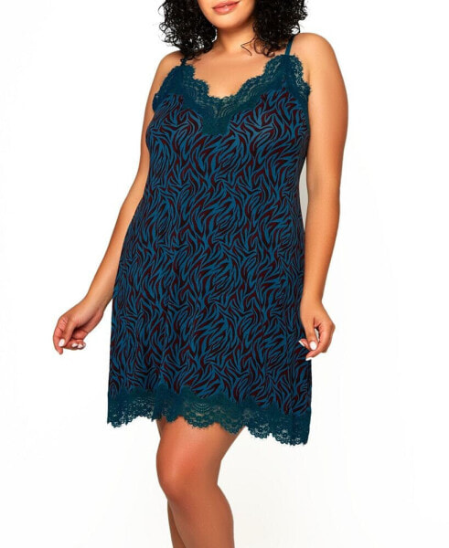 Женская пижама iCollection Plus Size Zebra Print Jersey Knit Chemise with Lace Trims and Adjustable Straps