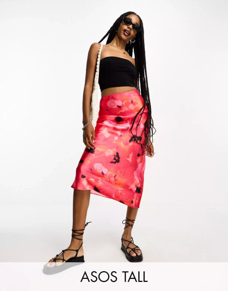 ASOS DESIGN Tall satin bias midi skirt in pink abstract floral print