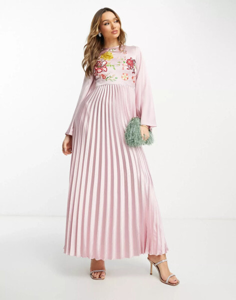 ASOS DESIGN satin maxi pleated dress with embroidery in pink