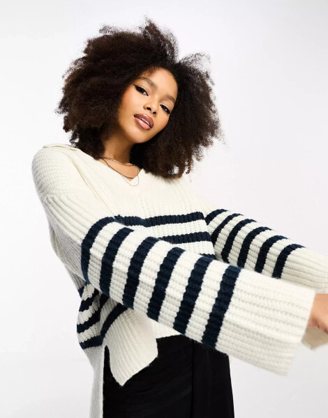 ASOS DESIGN boxy fit collar jumper with step hem and side splits in stripe