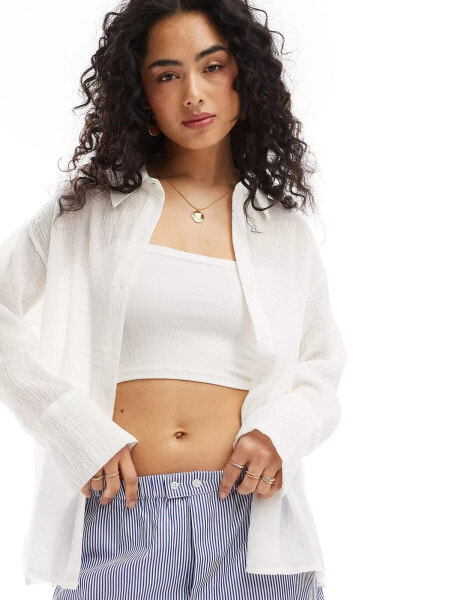 Bershka crinkle oversized shirt in white