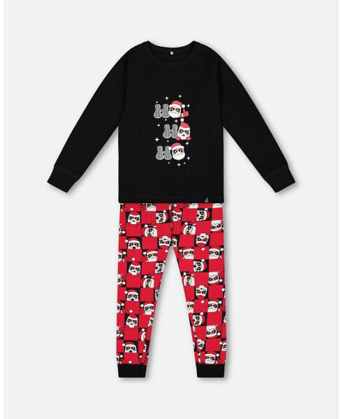 Big Boys Organic Cotton Two Piece Pajama Set Red Printed Santa