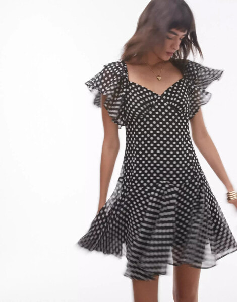 Topshop ruffle mini tea dress in mono polka dot