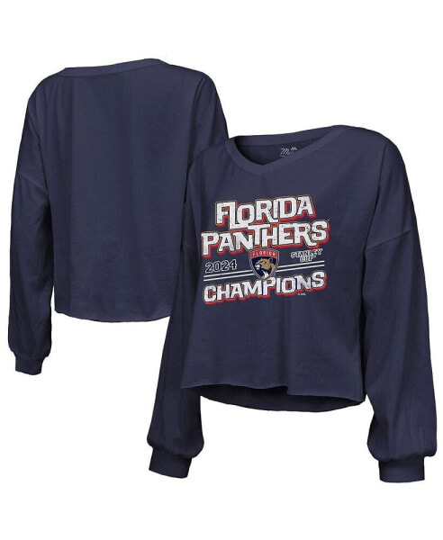 Women's Navy Florida Panthers 2024 Stanley Cup Champions Off-Shoulder Long Sleeve V-Neck T-Shirt