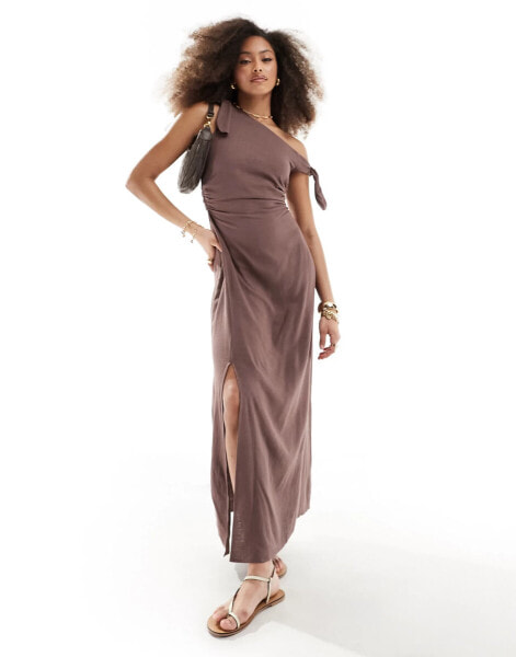 ASOS DESIGN off shoulder linen maxi dress with knot detail in chocolate