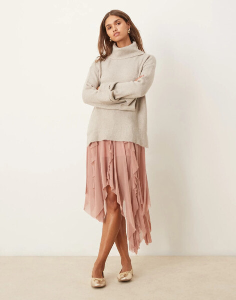 Vila roll neck oversized jumper with turn up cuff in natural melange