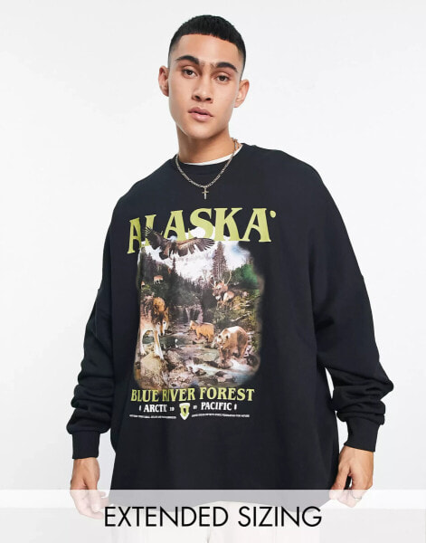 ASOS DESIGN extreme oversized sweatshirt with vintage outdoors print in charcoal