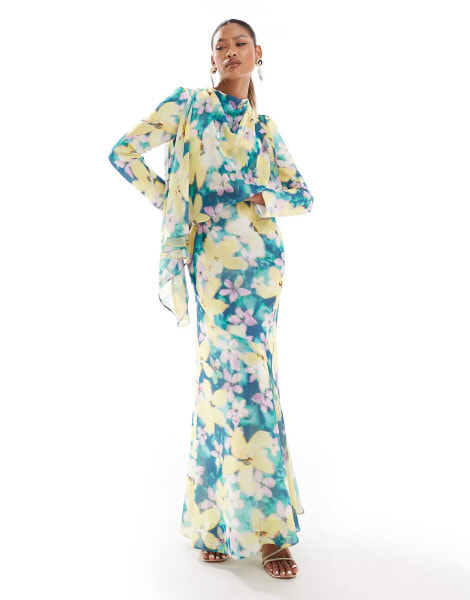 Daska long sleeve maxi dress with cape detail in floral print