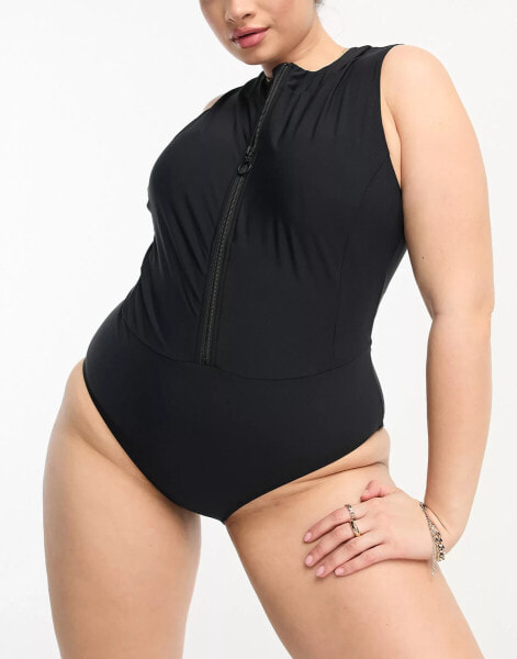 Simply Be open back zip through swimsuit in black