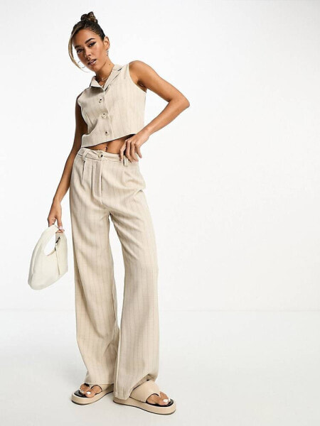 Miss Selfridge co-ord tailored wide leg trouser in taupe pinstripe 