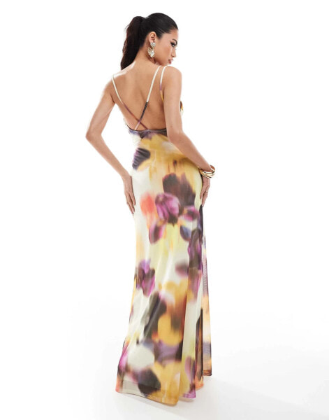 ASOS DESIGN cowl neck maxi dress with cross back detail in yellow floral