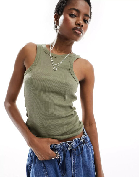 Noisy May racer neck top in khaki