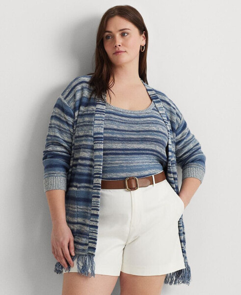 Plus Size Linen-Blend Belted Fringe-Trim Cardigan