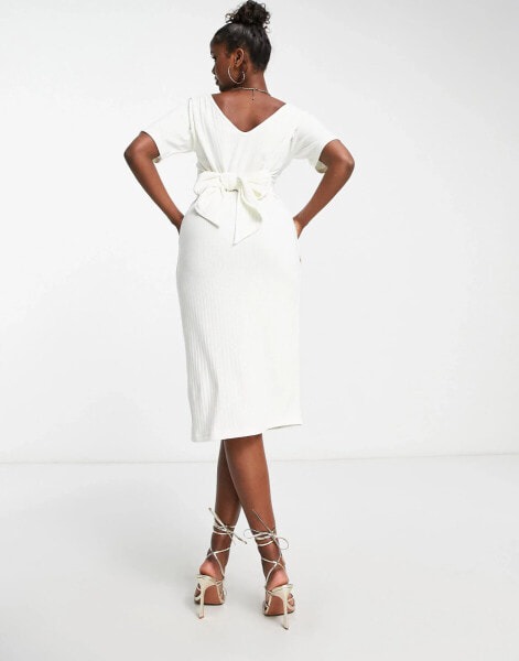 Unique21 v neck ribbed midi dress with tie detail in cream