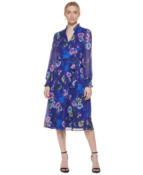 Women's Printed Tie-Waist Long-Sleeve Dress