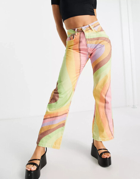 The Ragged Priest high waisted straight leg jeans in retro rainbow swirl denim