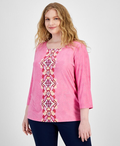 Plus Size Printed Jacquard 3/4-Sleeve Top, Created for Macy's