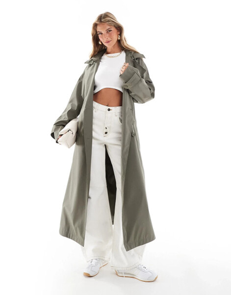 ASOS DESIGN rubberised rain hooded trench coat with belt detail in khaki