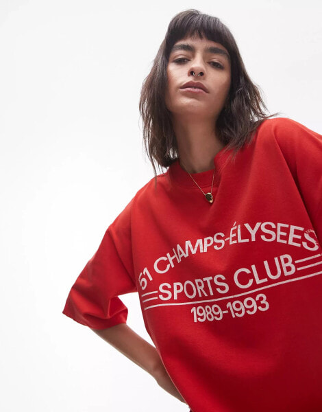 Topshop Champs Elysse oversized graphic tee in red