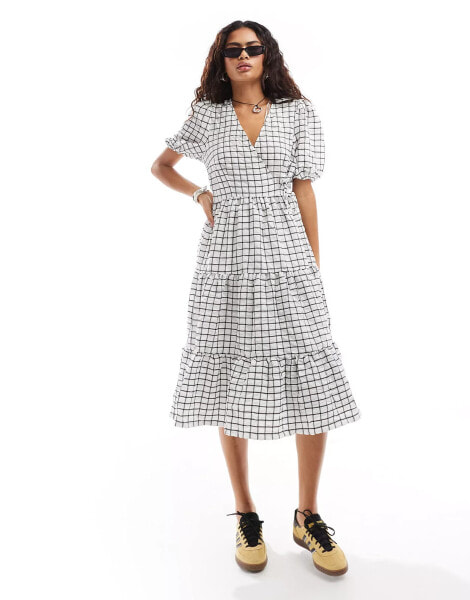 Monki wrap midi smock dress with tiered hem in white and black pane check