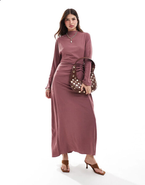 ASOS DESIGN ruched detail long sleeve maxi dress in washed burgundy