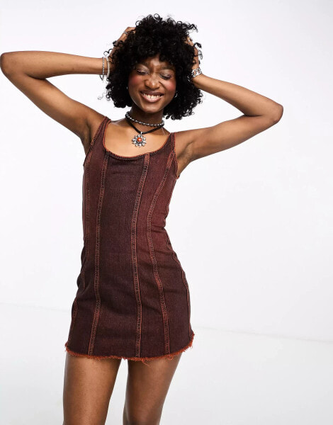 Weekday Alvarado zip through denim mini dress in rusty red wash