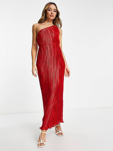 ASOS DESIGN satin one shoulder pleat detail midaxi dress in red