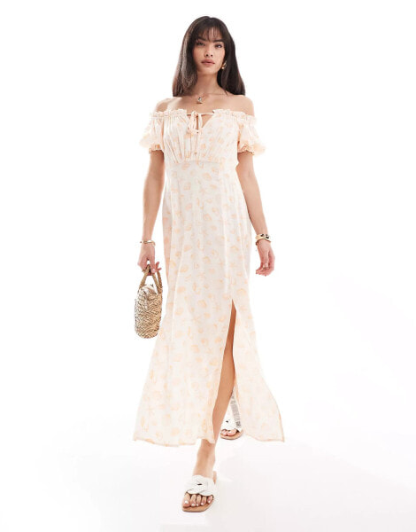 Miss Selfridge puff sleeve bardot maxi dress in sea shell print