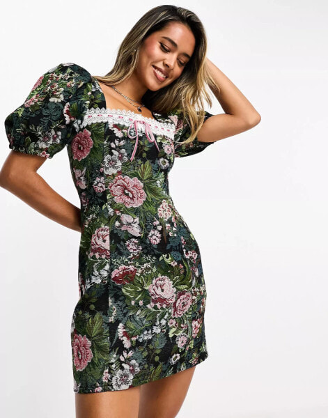 ASOS DESIGN tapestry milkmaid mini dress with ribbon detail in floral