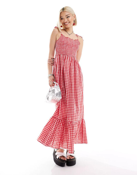 Daisy Street tie shoulder cami maxi dress in red gingham