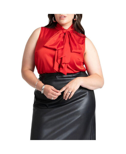 Plus Size Sleeveless Satin Bow Blouse