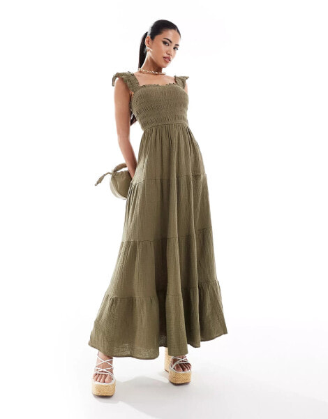 Style Cheat smocked midi dress in khaki