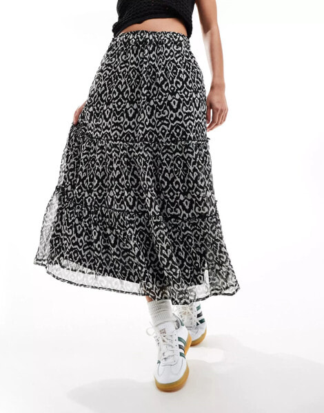 New Look tiered midi skirt in black print