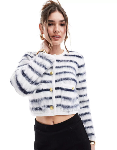 4th & Reckless scoop neck fluffy knit button detail cardigan in black and white stripe