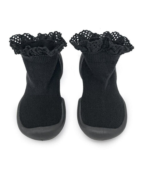 Baby Girls First Walk Sock Shoes Lace trim - Black